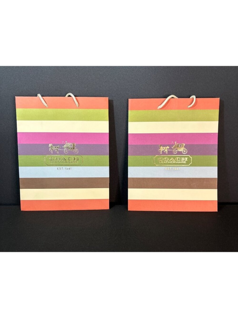 Coach MultiColor Stripes Gift Bags With Gold Foil Logo Coach Horse Set Of 2 1941